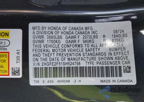 2025 Honda Civic Sport z USA, uszkodzony, nr VIN 2HGFE2F51SH524798